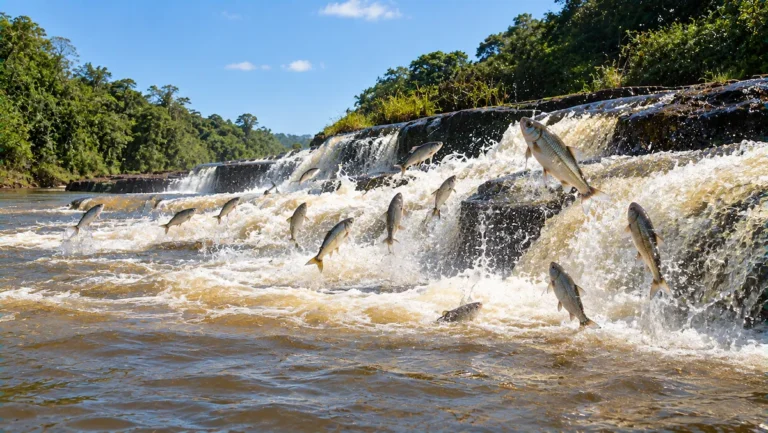 Curimbatás prateados saltando contra os degraus de pedra de uma cachoeira de rio na subida da piracema