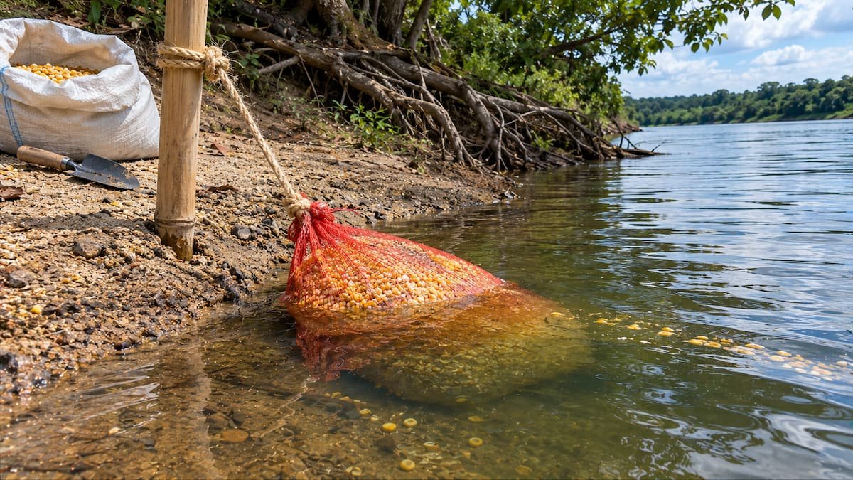 Saco de cebola com milho azedo amarrado a uma estaca de bambu e meio submerso na beira do barranco, usado como ceva para piapara