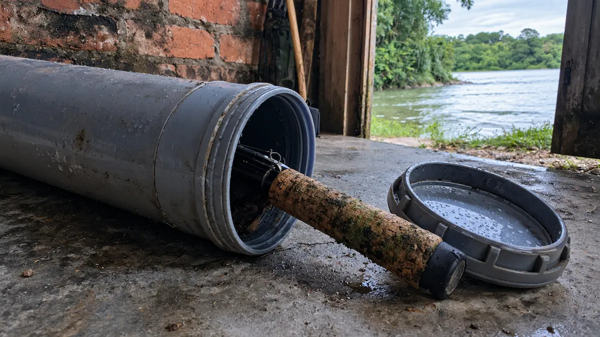 Cabo de cortiça de vara de pesca com manchas de mofo saindo de um tubo de PVC guardado num depósito úmido