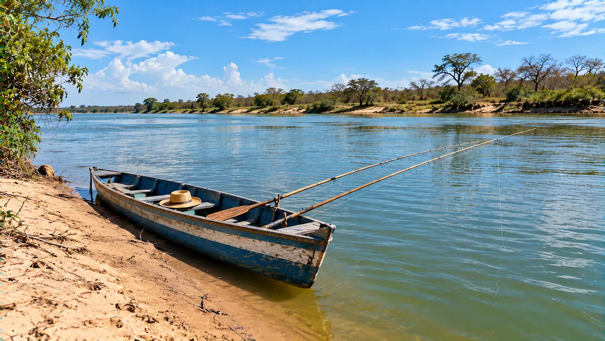 Canoa de madeira com duas varas de bambu apoiadas na borda, parada na margem de areia do rio São Francisco