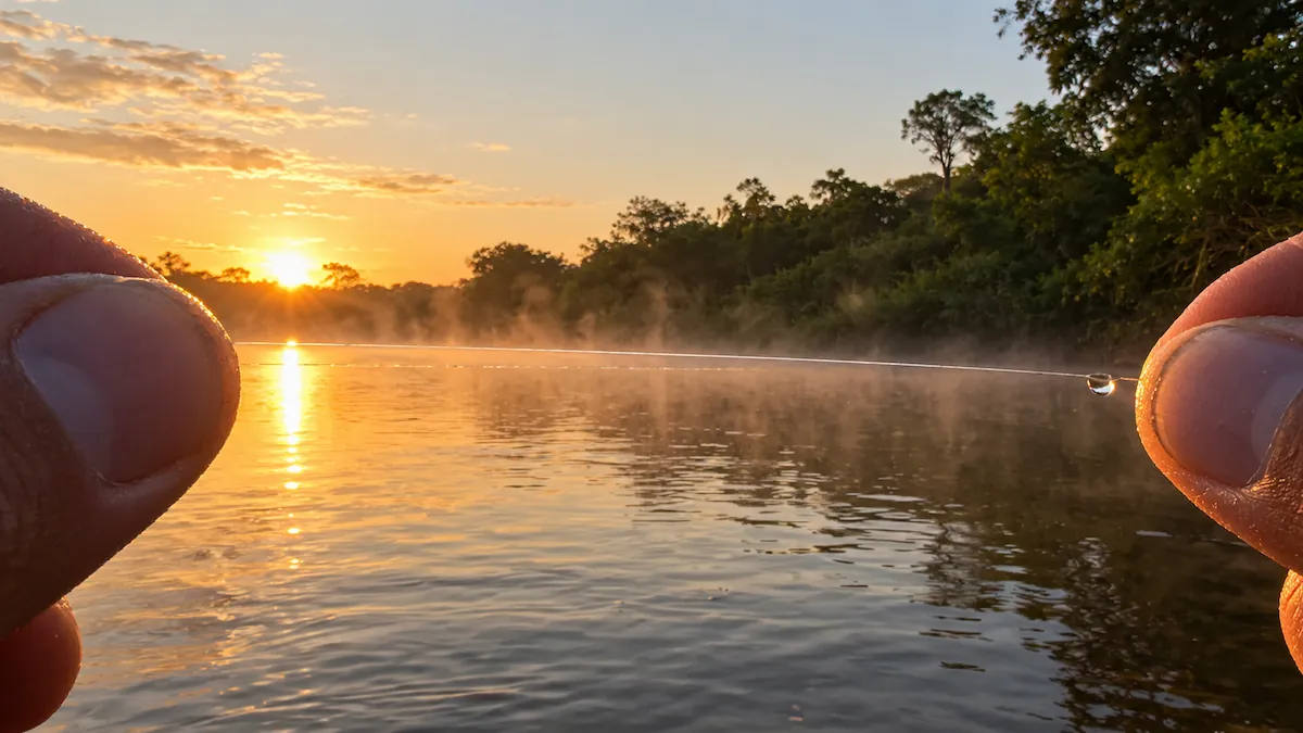 Fio de fluorocarbono transparente esticado entre dois dedos com a luz do amanhecer atravessando o rio ao fundo