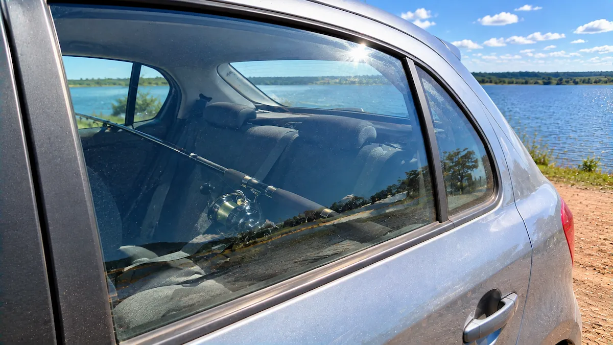 Vara de pesca com molinete esquecida no banco traseiro de um carro estacionado ao sol perto de uma represa