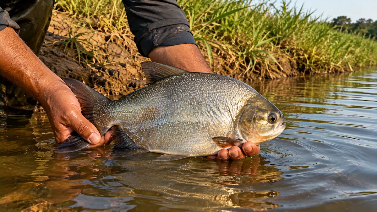 Mãos molhadas segurando um pacu na horizontal, rente à água, no momento da soltura na margem do rio