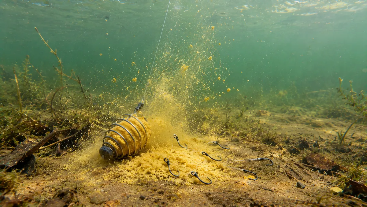 Chuveirinho com massa no fundo de um lago soltando uma nuvem de farelo entre os anzóis