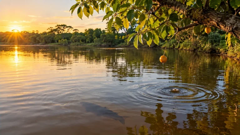 Fruta amarela caindo de um galho sobre a água de um rio, com anéis se abrindo na superfície onde o pacu espera
