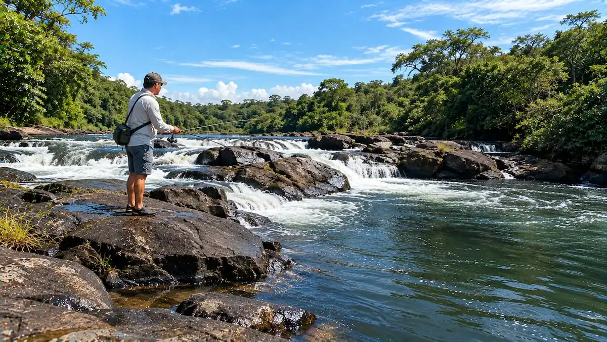Como pescar piau: pescador de pé num pedral de corredeira, com a vara de molinete apontada para a saída da água rápida