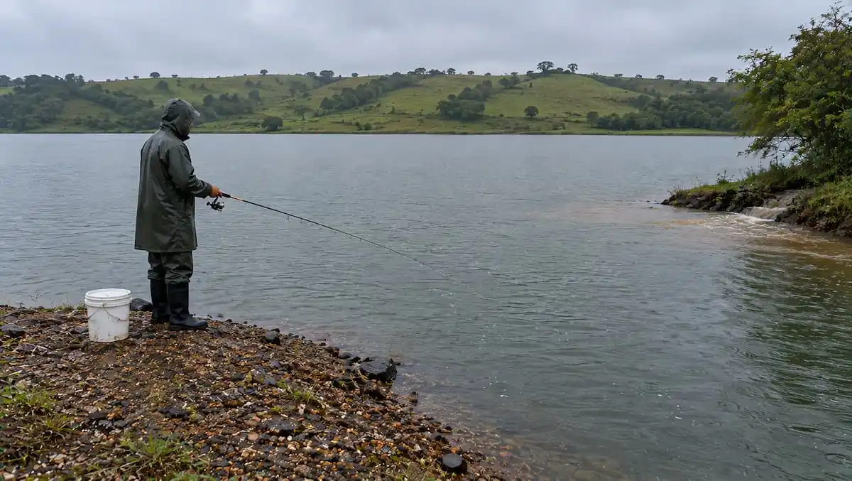 Pescador de capa de chuva verde numa ponta de cascalho de represa, sob chuva fina, perto da entrada de um córrego