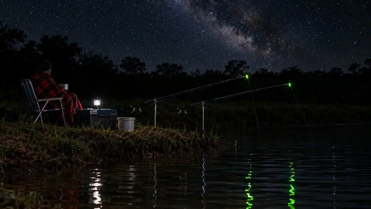 Duas varas em suportes com bastões luminosos verdes nas ponteiras à beira de um rio numa noite sem lua, com um pescador sentado ao lado de um lampião
