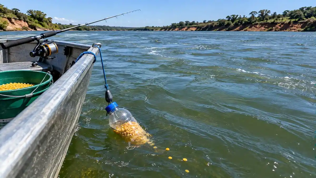 Garrafa PET cortada e cheia de milho descendo presa a uma corda na lateral de um barco de alumínio ancorado no rio
