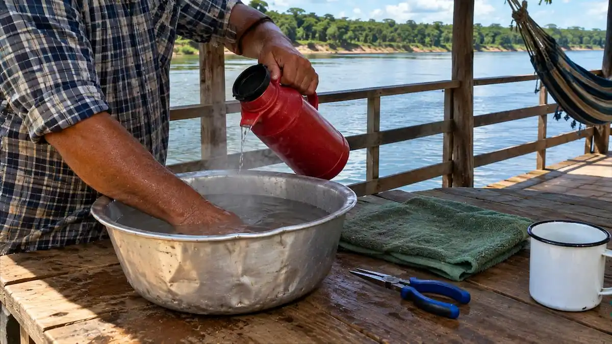 Mão mergulhada numa bacia de alumínio com água quente sobre a mesa do alpendre de um rancho de pesca, com uma garrafa térmica ao lado